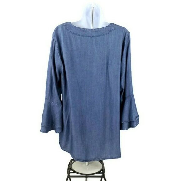 Zac And Rachel Blue Tencel Chambray 3/4 Ruffled Bell Sleeve Blouse Womens Large - Picture 5 of 11